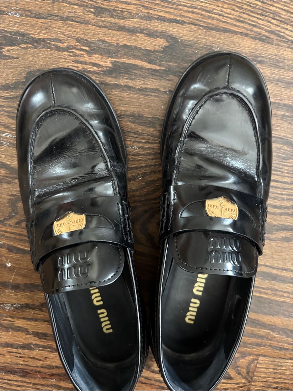 Miu Miu Black Leather Penny Loafers with Gold Accent - Picture 9 of 12